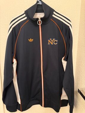 adidas Navy Track Jacket with Orange Trim and White Stripes